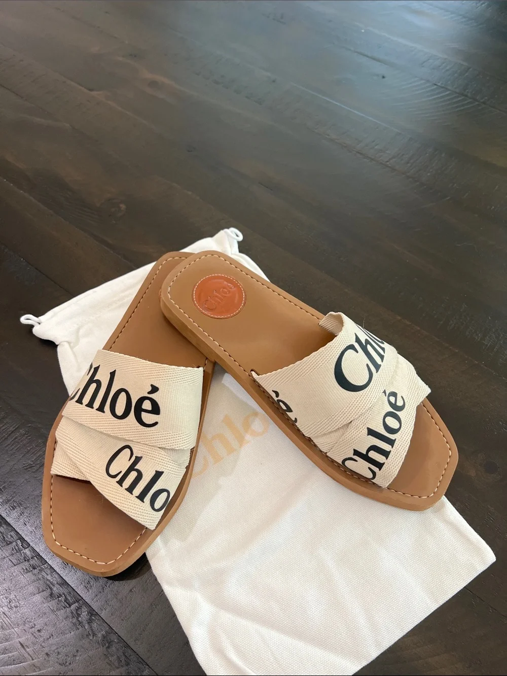 Women’s Leather Slide Sandals in Tan with Logo Canvas Straps
